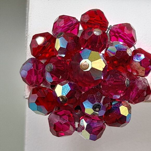 Vintage Red Aurora Borealis AB Cluster Clip On Earrings, 1950s, 1 Inch - Picture 2 of 10